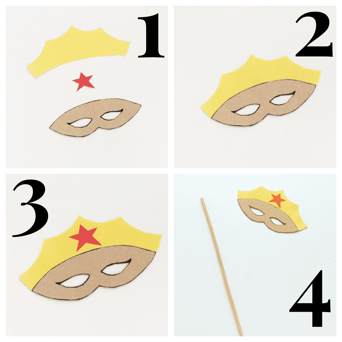collage of 4 steps of superhero mask tutorial