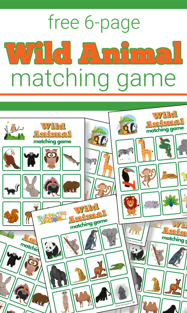 6 sheets of colorful wild animal memory game cards with text overlay reading Free 6-page Wild Animal Matching Game