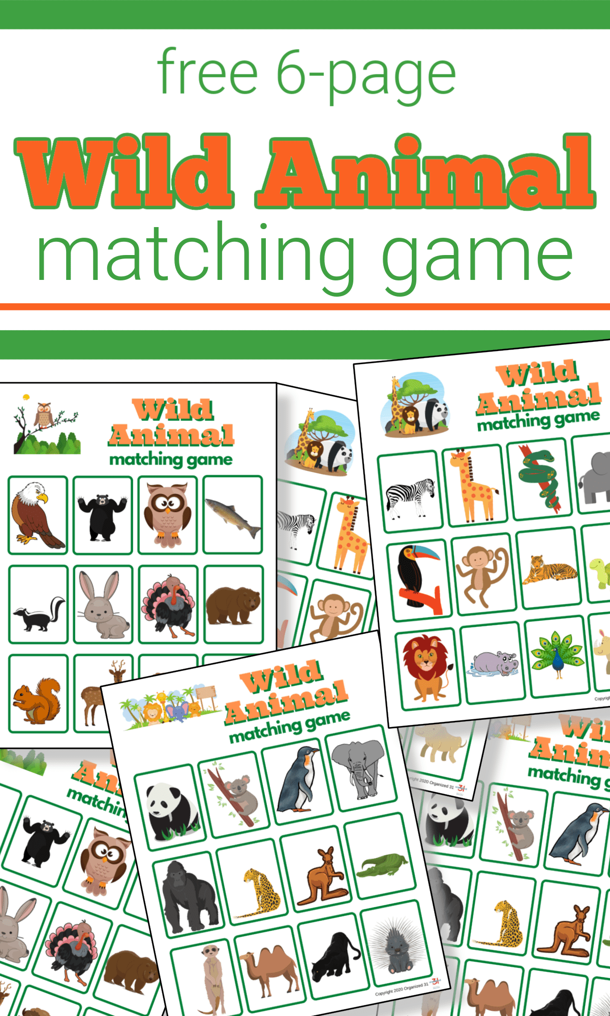 6 sheets of colorful wild animal memory game cards with text overlay