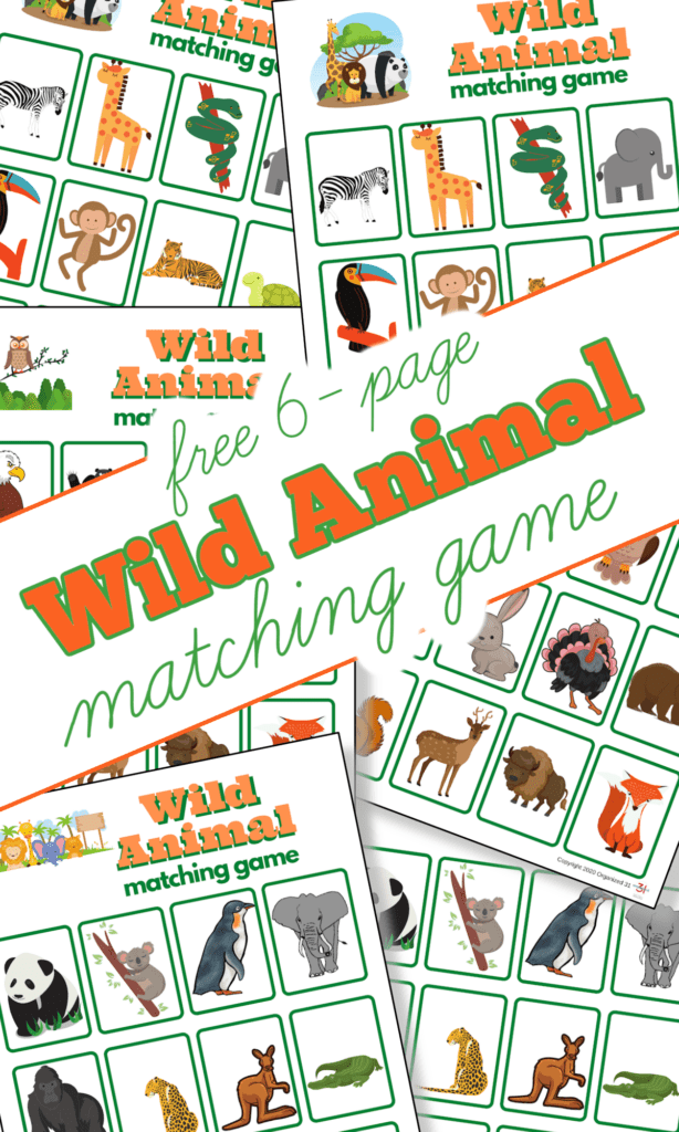 6 sheets of colorful wild animal memory game cards with text overlay on the diagonal