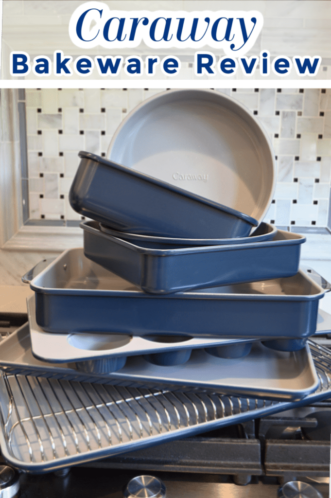 stack of blue ceramic surface baking pans on cooktop
