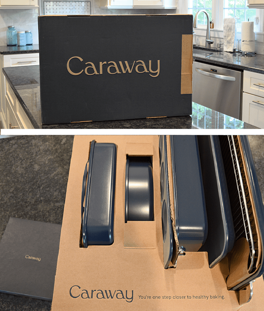 upper image - dark blue box with "Caraway" in tan, bottom image - open box with blue baking pans carefully packed