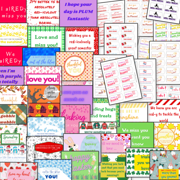 48 different brightly colored printable notes for care packages