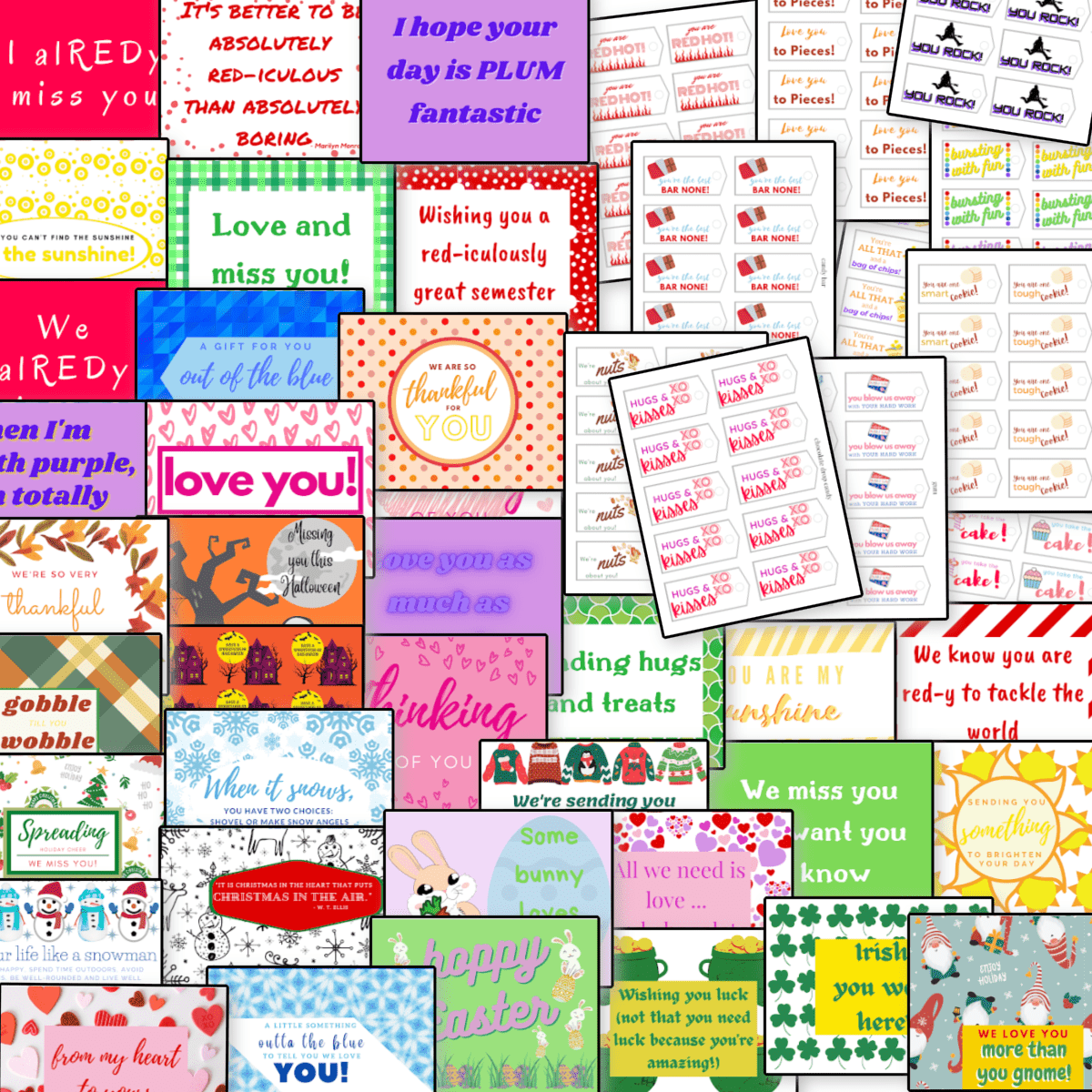 48 different brightly colored printable notes for care packages.