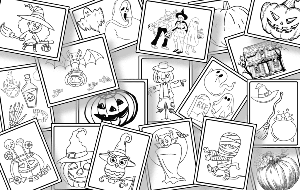 18 black and while Halloween themed coloring sheets.