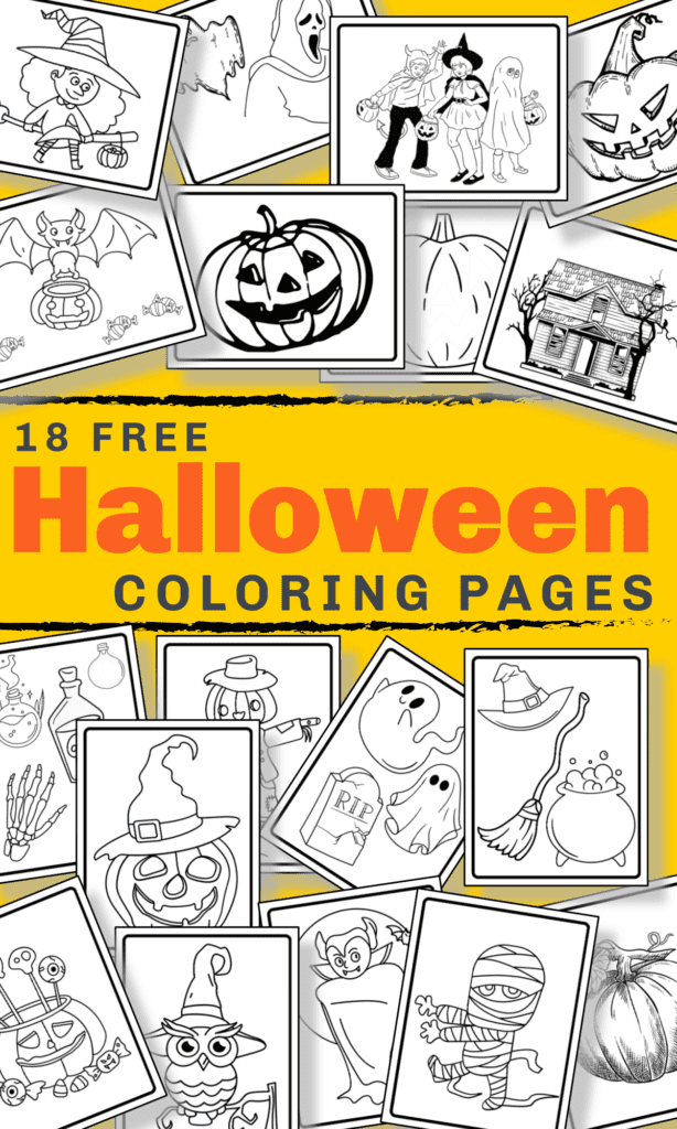 18 black and while Halloween themed coloring sheets with yellow background and black and orange text overlay