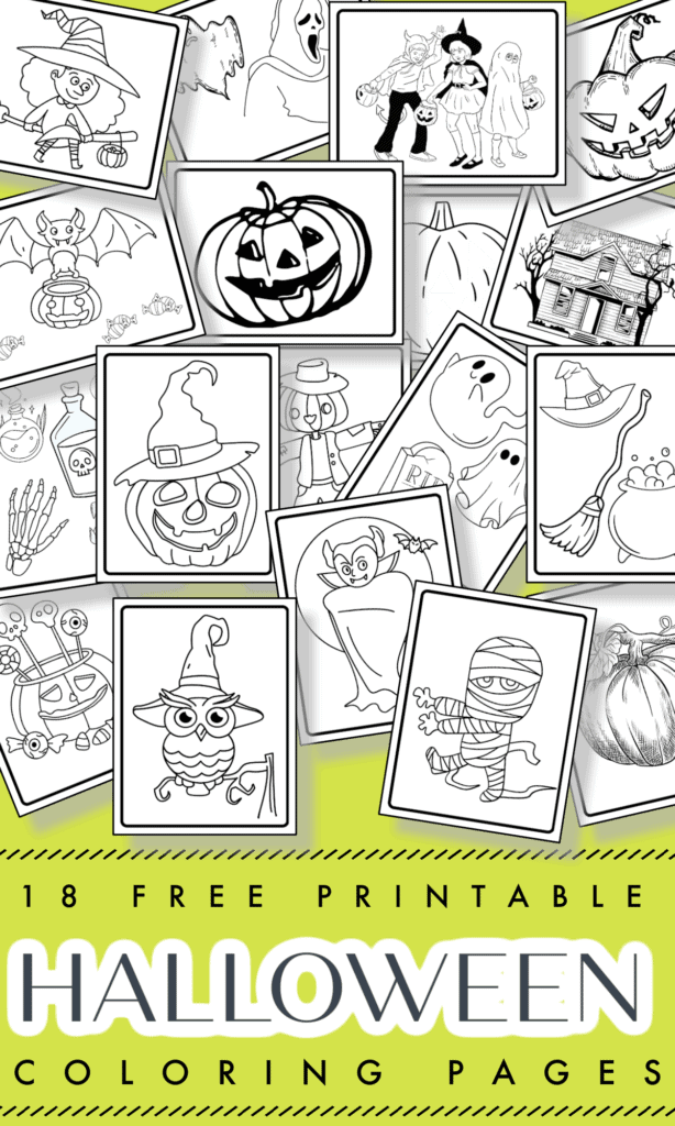 18 black and while Halloween themed coloring sheets with green background with title text reading 18 Free Printable Halloween Coloring Pages.