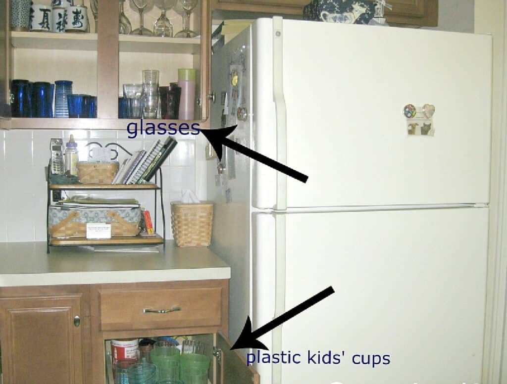 refrigerator next to open cabinet with arrows identifying content.