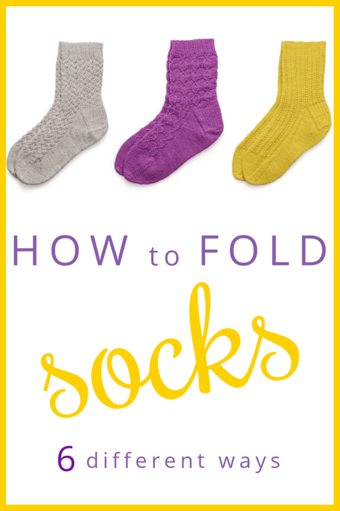 3 pairs of socks in grey, purple and yellow on white background.