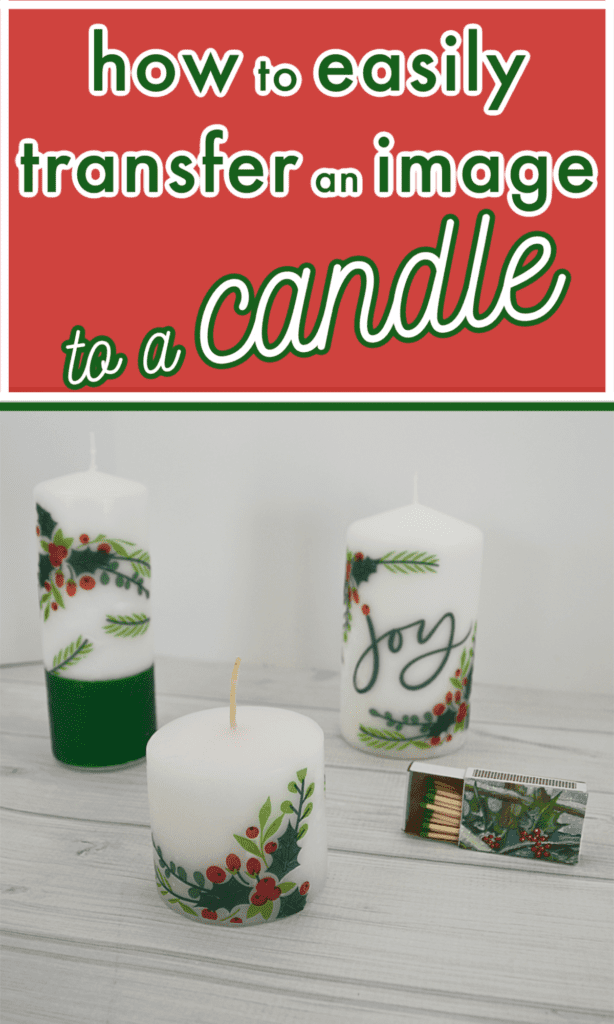 3 candles with Christmas mistle toe designs next to open wood matchbox.