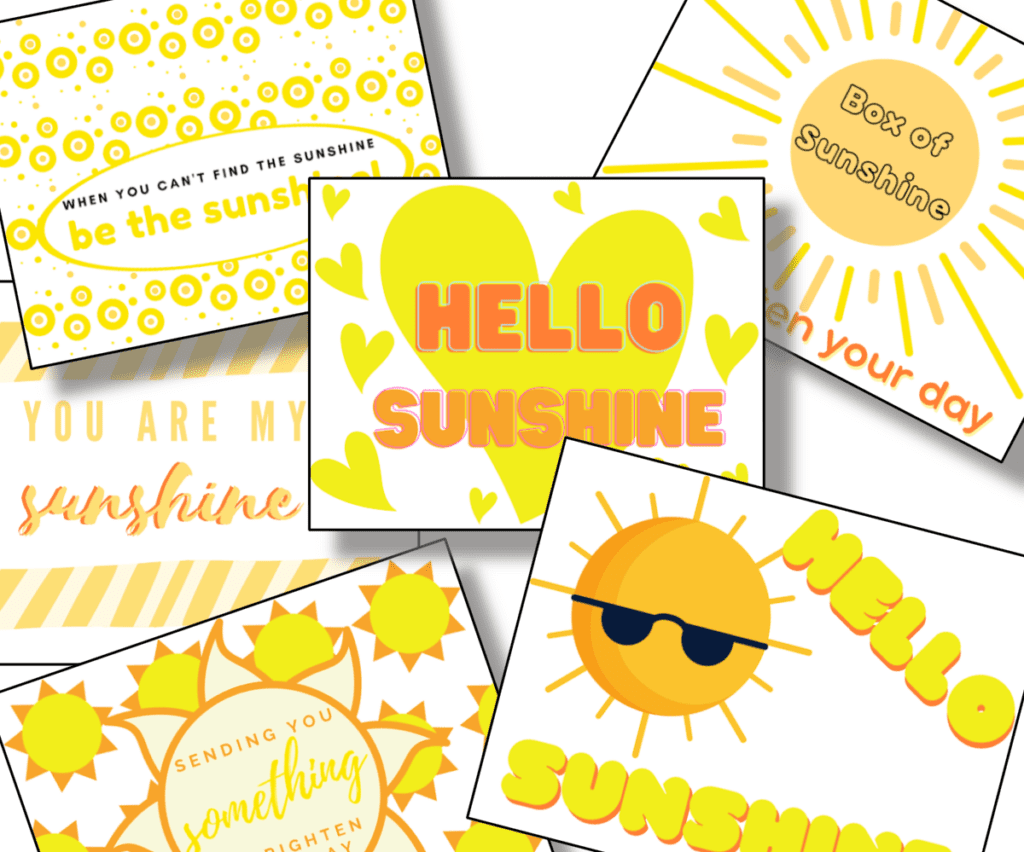 6 notecards with yellow text and images, all about sunshine