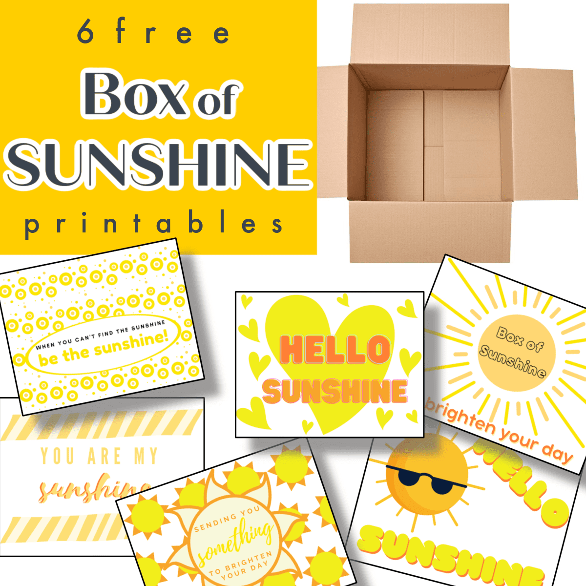 open cardboard box with 6 yellow note cards.