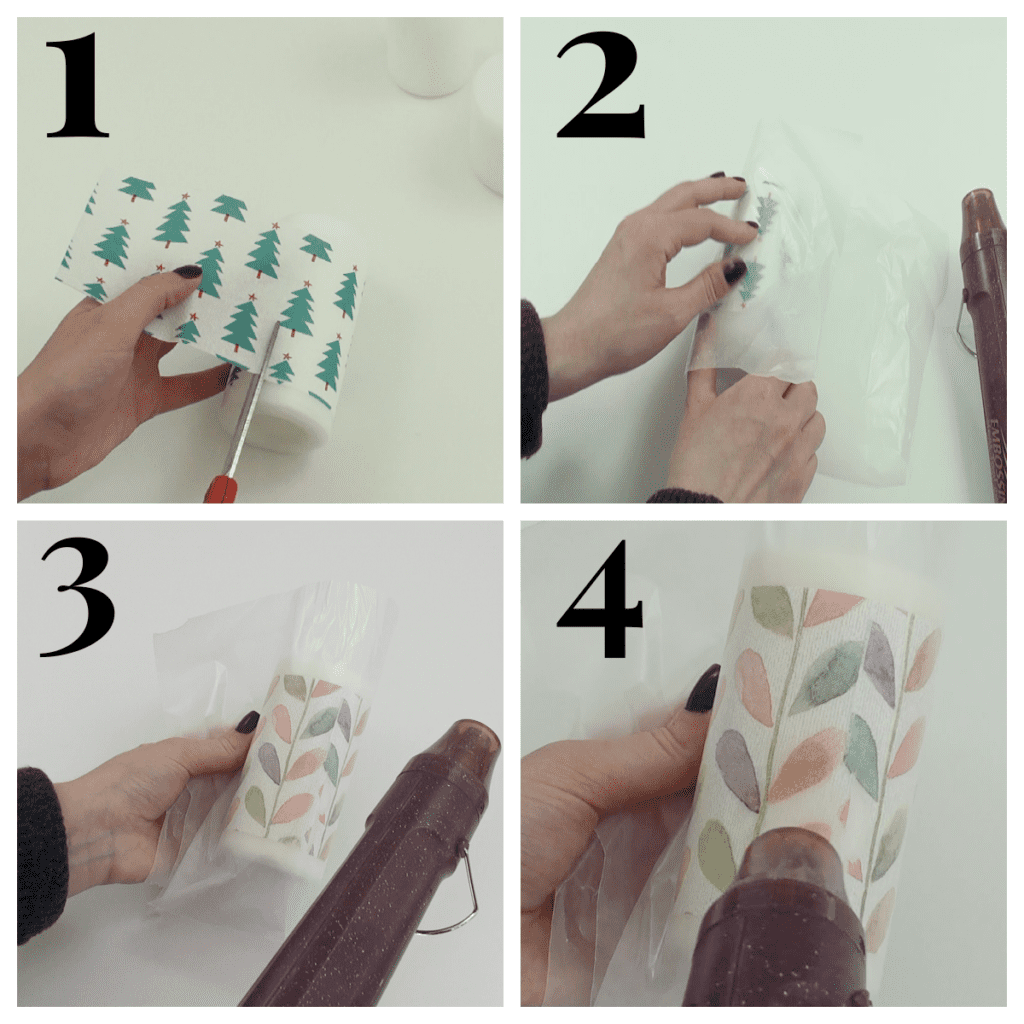 collage of 4 images of steps of adding paper images to white candle.
