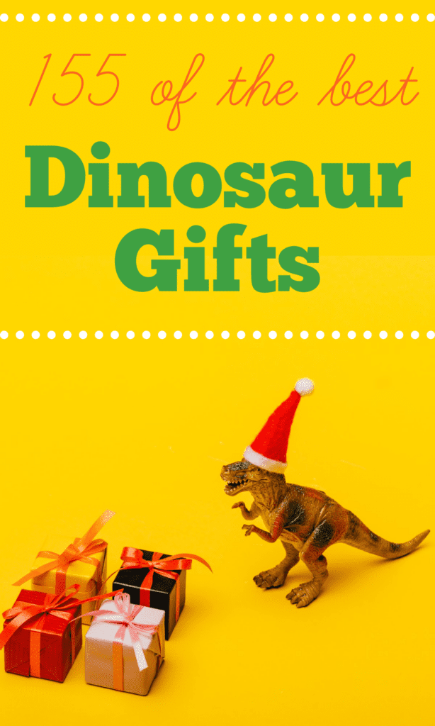 T-rex with Santa hat next to 4 small wrapped gifts on yellow background.