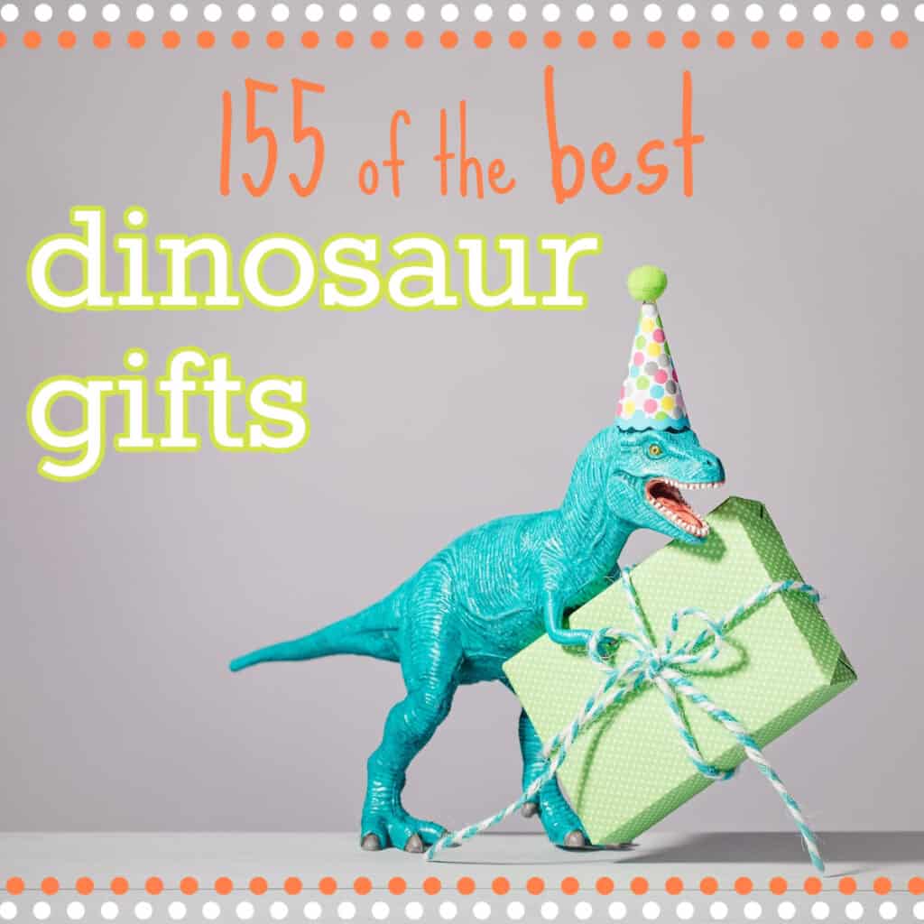 turquoise dinosaur with birthday hat holding green present.