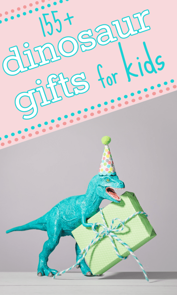 turquoise dinosaur with birthday hat holding green present.