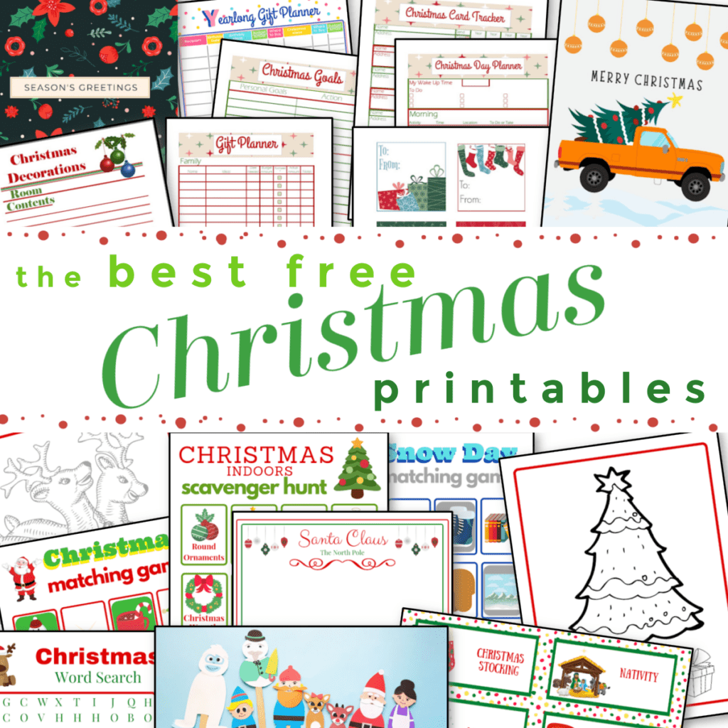 collage at top of page and at bottom of colorful Christmas themed activity pages with green text in the middle.