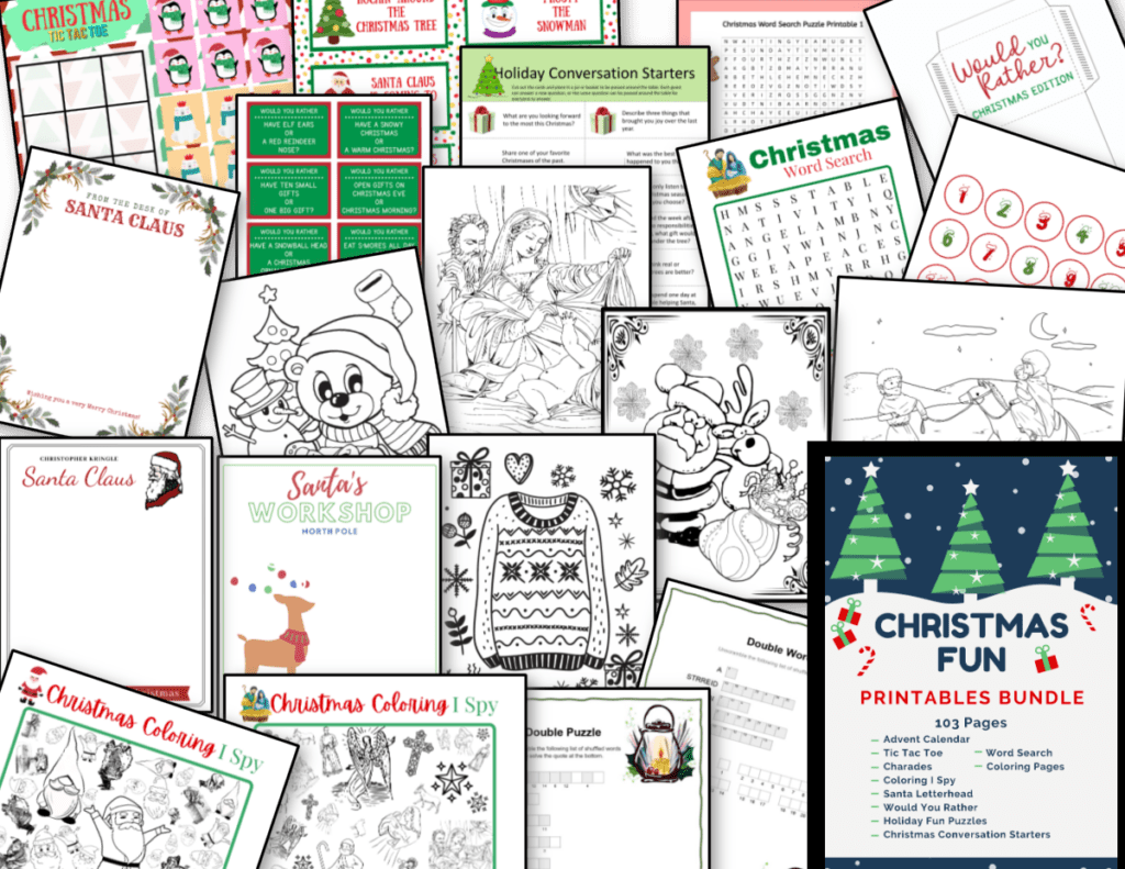 Collage of many colorful Christmas fun games and activities.