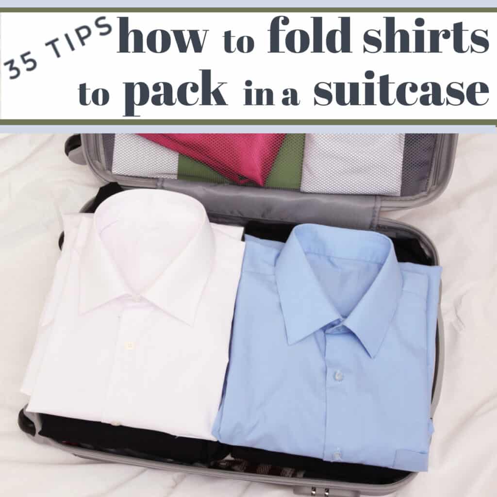 white and blue dress shirts folded in open suitcase.