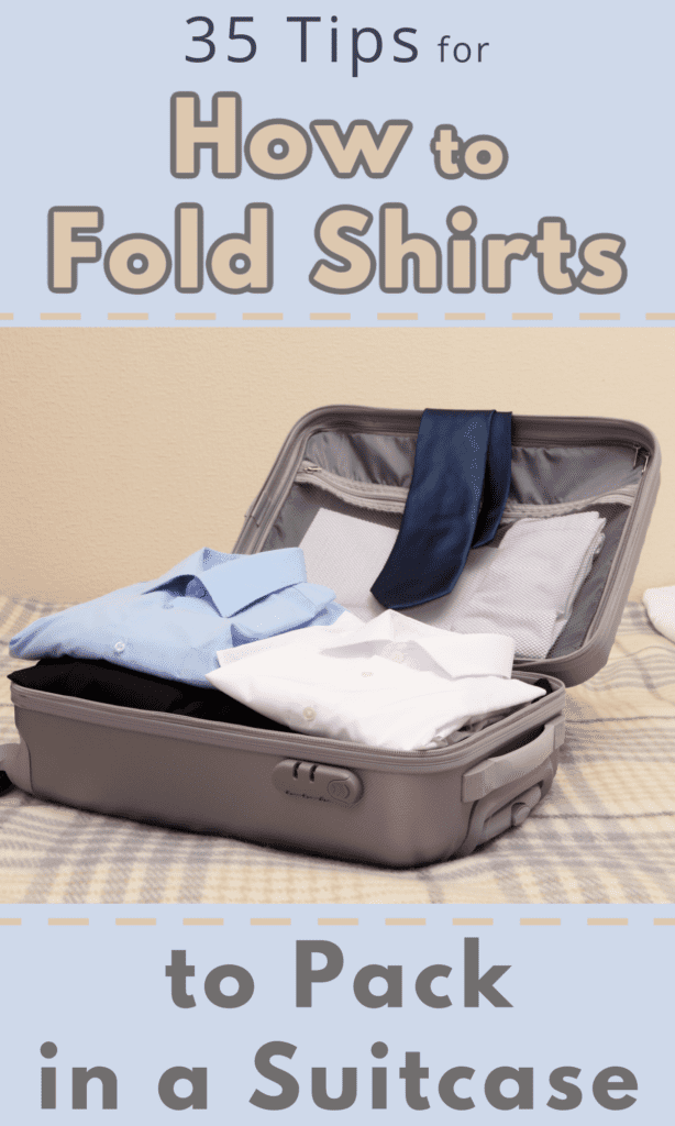 white and blue folded dress shirts in open tan suitcase on bed.