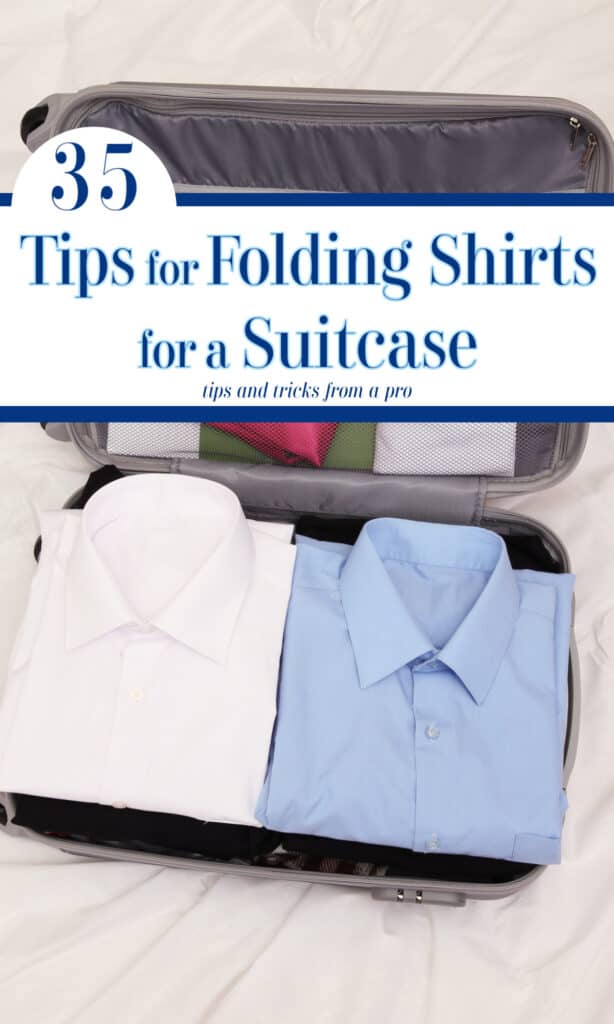 white and blue dress shirt folded in open suitcase.