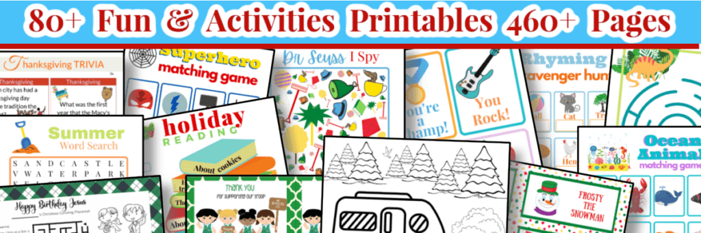 collage of colorful game and activity sheets.