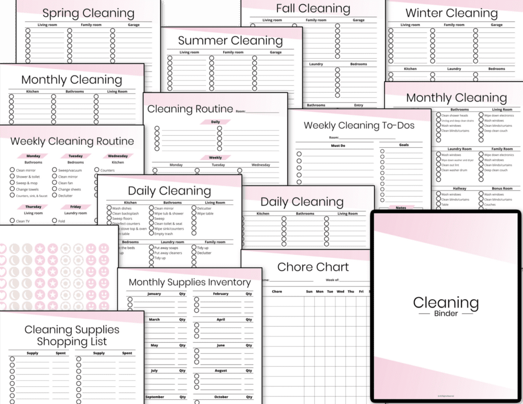 collage of pages from pink and black cleaning checklists