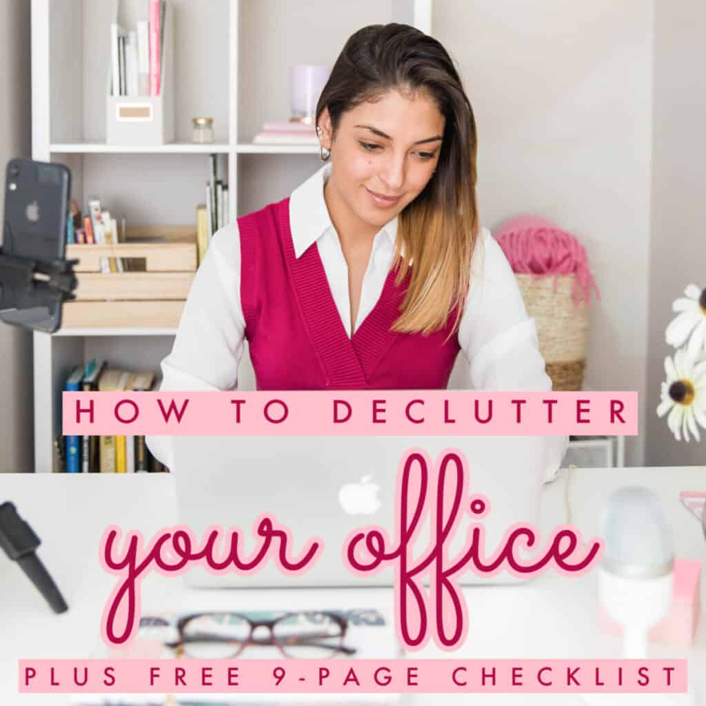 woman working at desk in tidy home office.