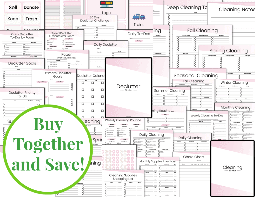 collage of pink black and white cleaning and decluttering checklists.
