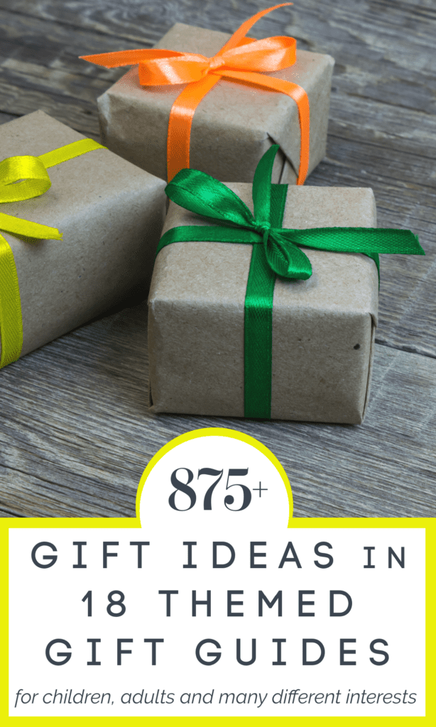3 brown paper wrapped gifts with yellow, orange and green ribbon.