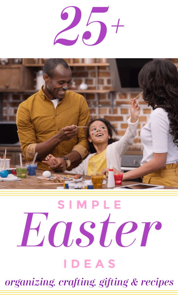 smiling mom, child and dad dyeing Easter eggs together.