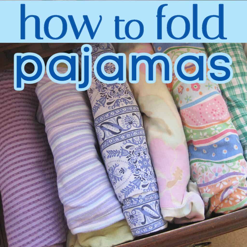 overhead view of colorful folded pajamas in drawer.