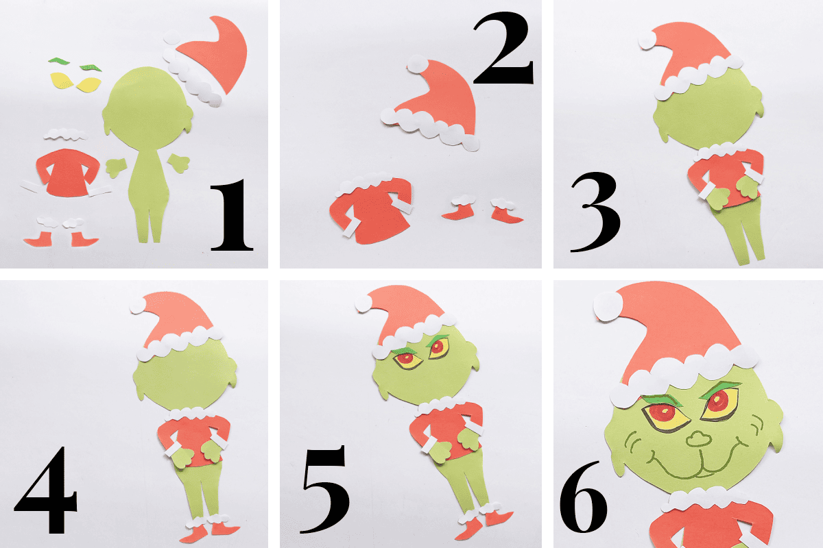 collage of 6 steps of making paper Grinch craft.