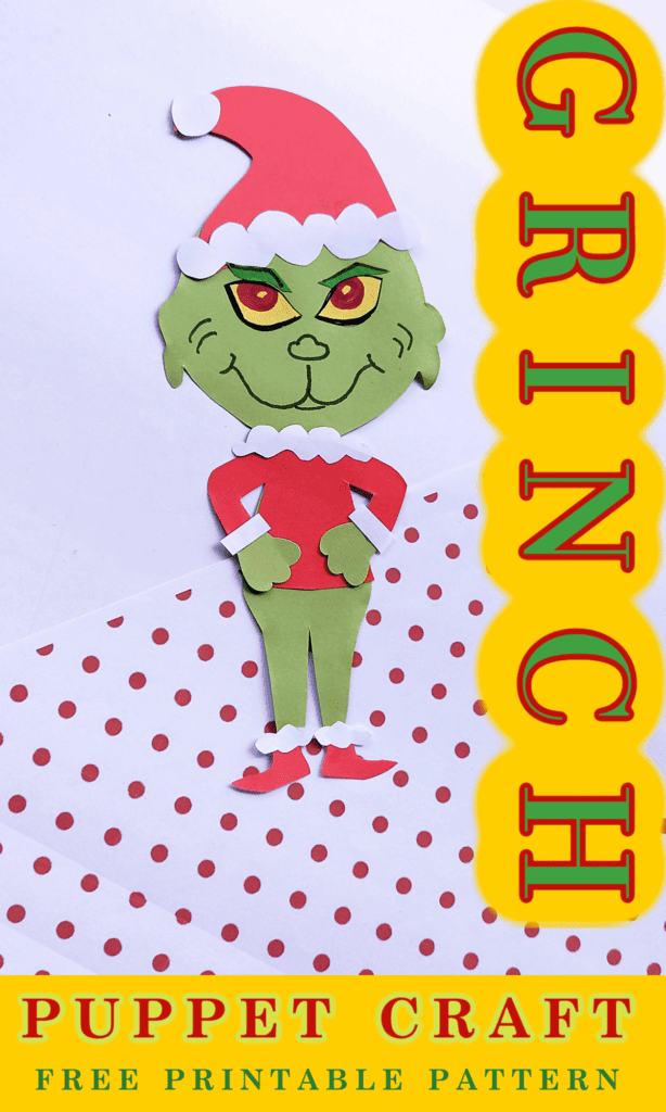 paper Grinch figure on red and white polka dot paper with yellow text overlay.