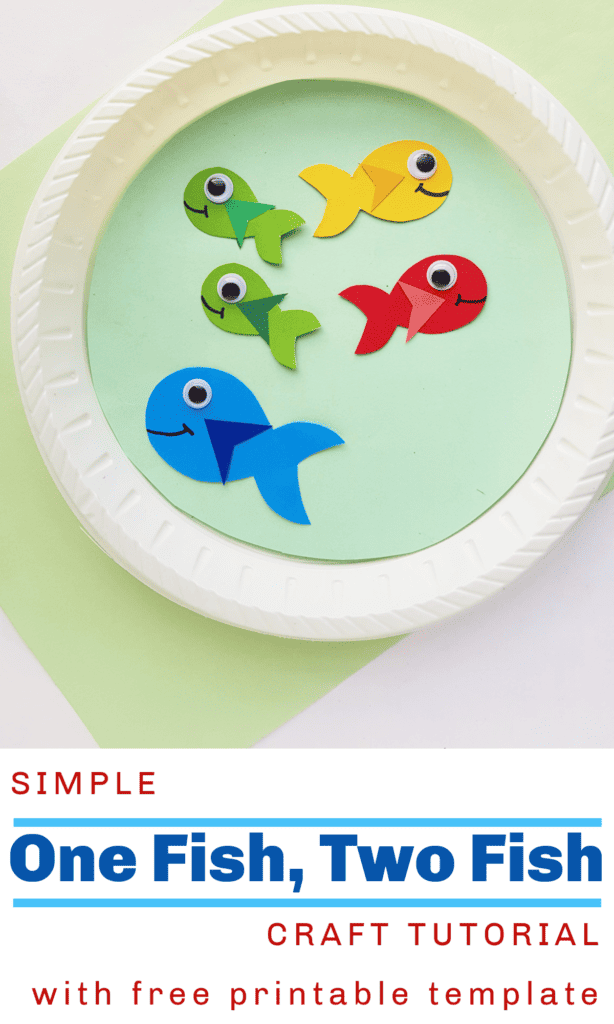 paper plate craft with colorful fish on green background with text overlay.