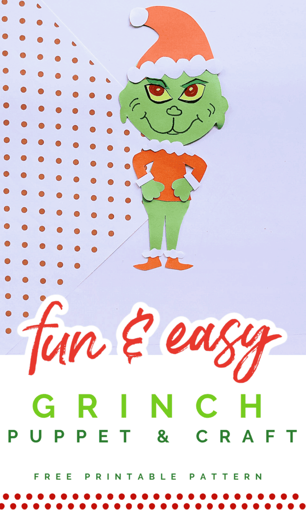 paper Grinch figure in Santa suit on red and white polka dot paper with text overlay.