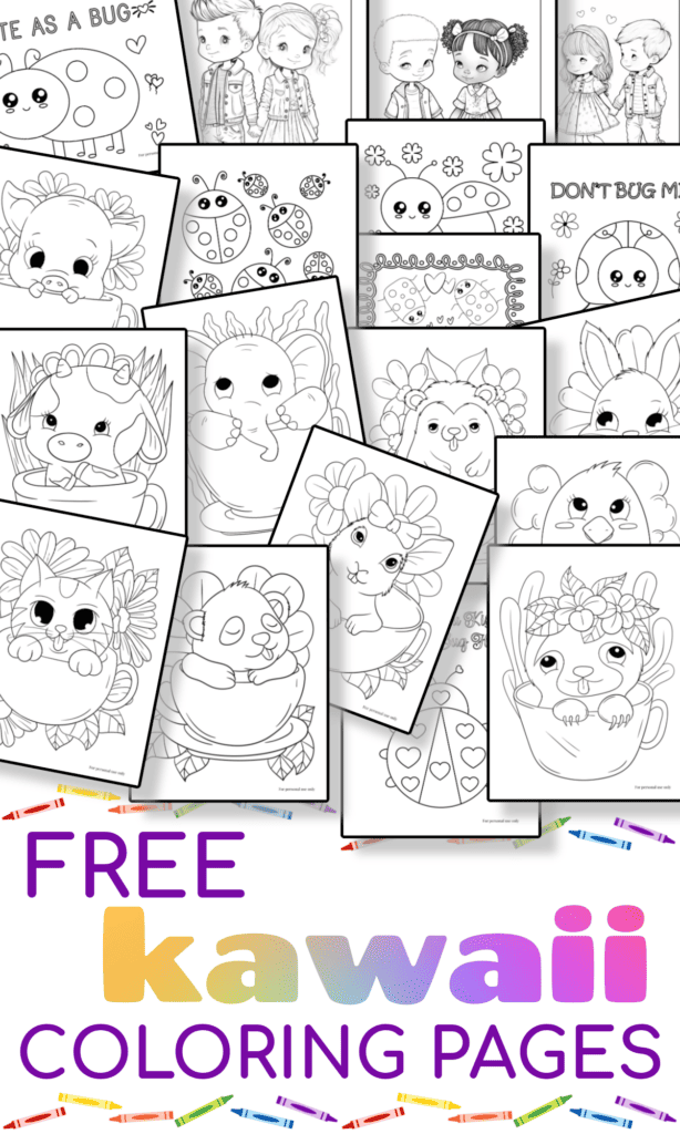 many black and white kawaii coloring pages with colorful text title.