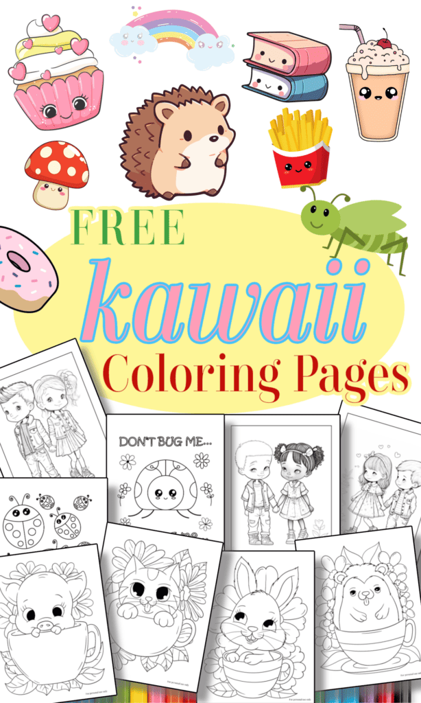 colorful kawaii style images at top of page with black and white kawaii coloring sheets at bottom.