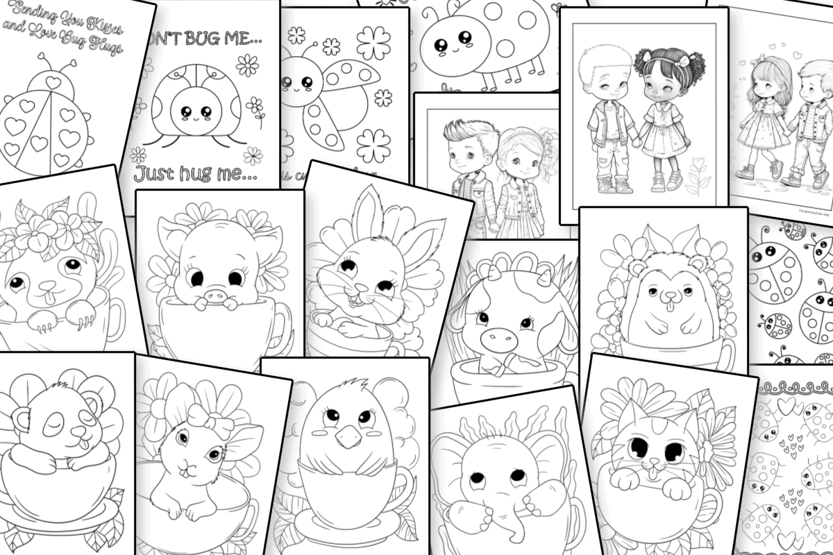 many black and white cute kawaii coloring pages scattered on background.