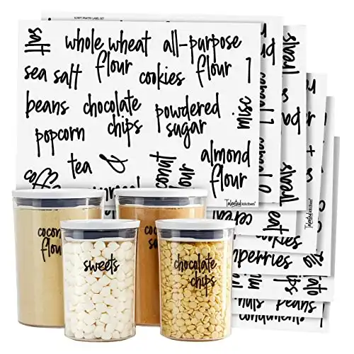 157 Pantry Labels for Food Containers, Preprinted Clear Kitchen Labels Black Script + Numbers Stickers
