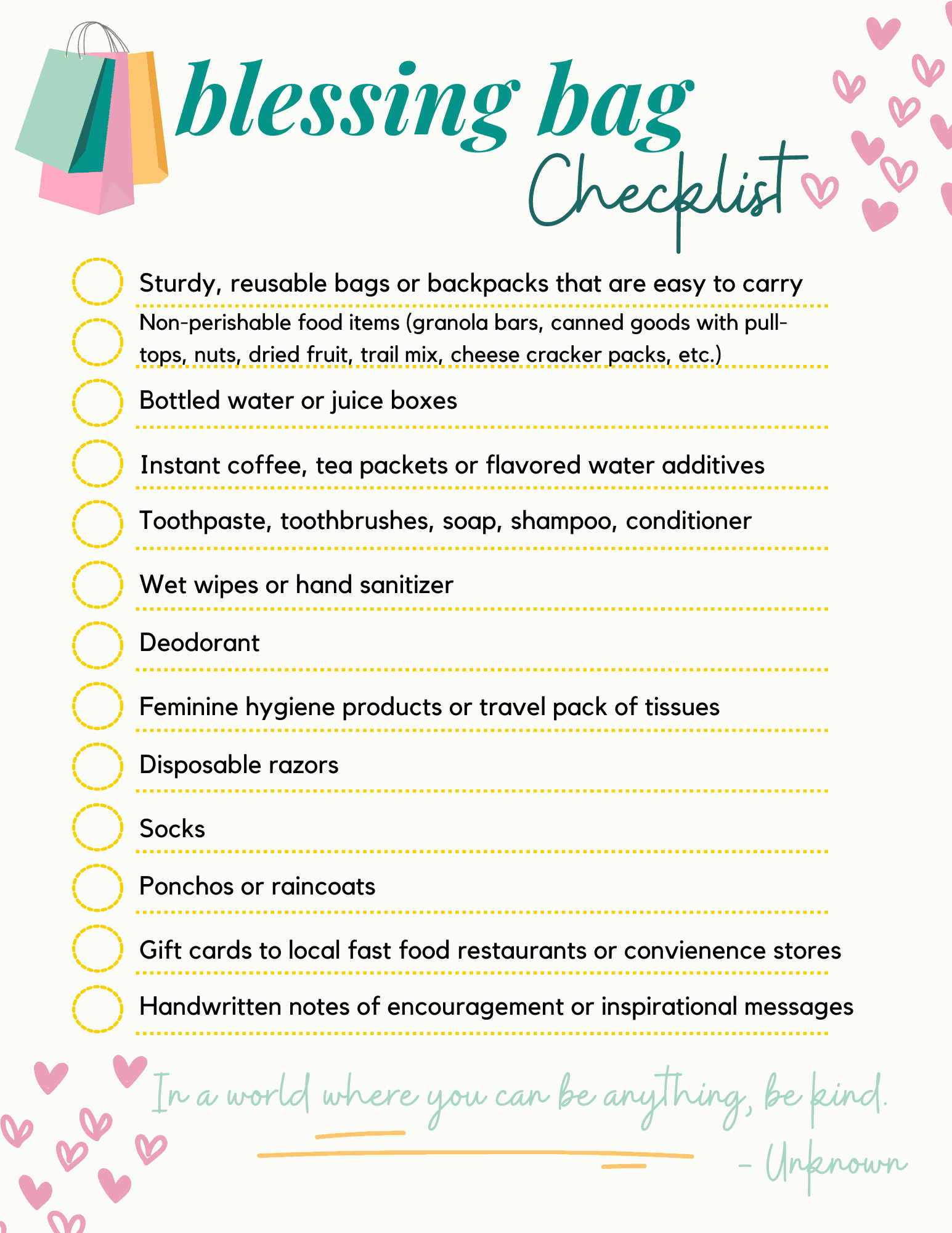 Colorful  checklist for making blessing bags.