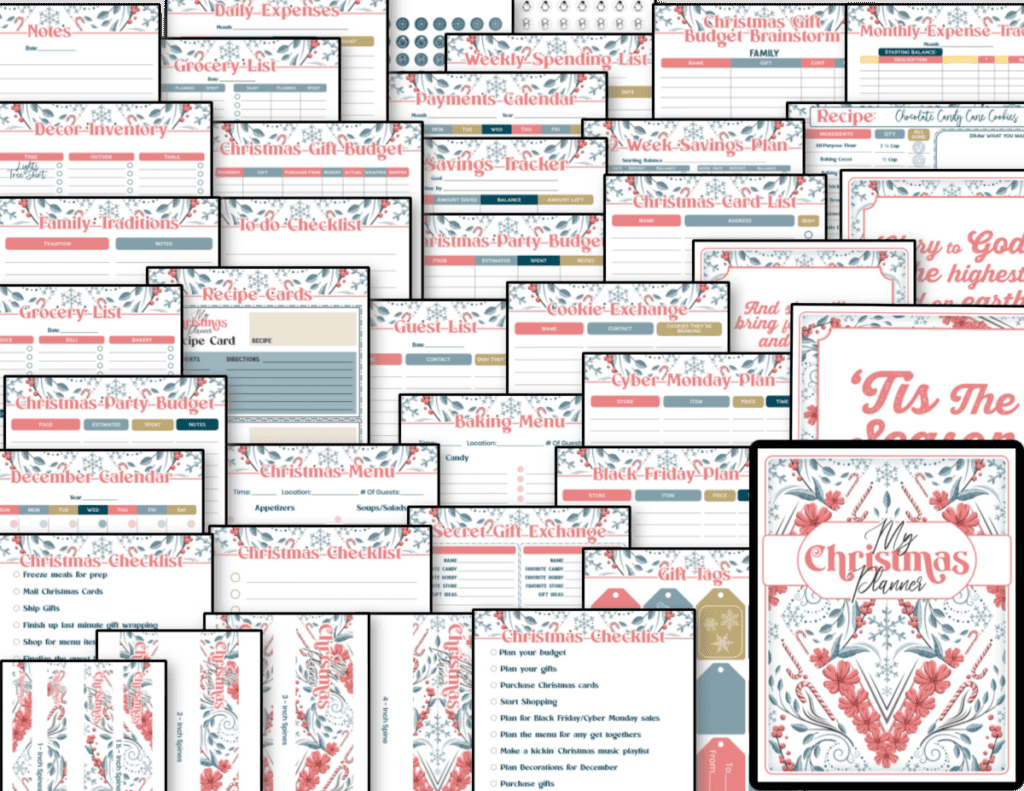 A collection of christmas planners with pink and blue floral designs.