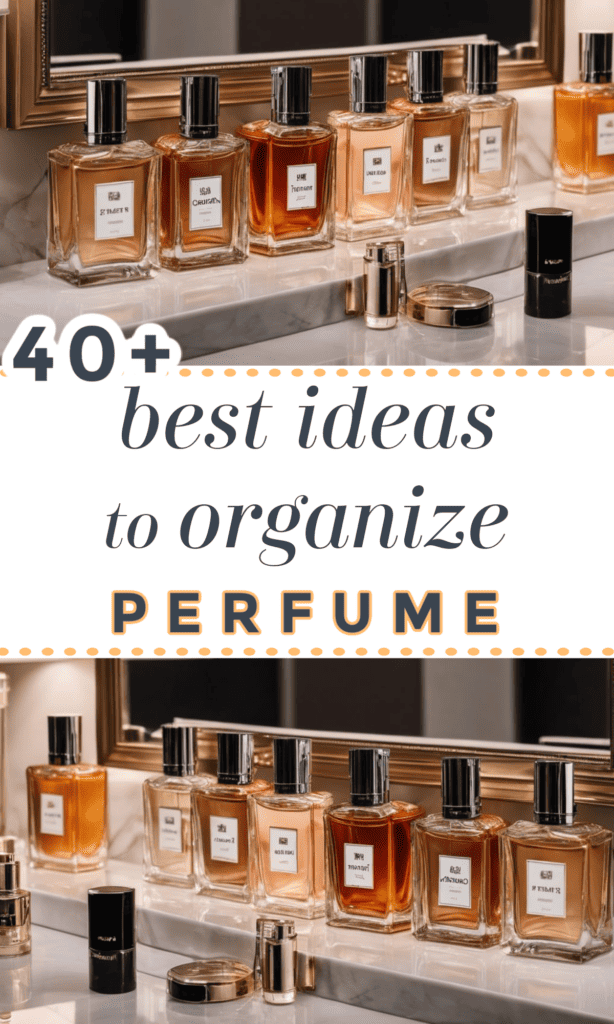two images of rows of perfume on shelf in front of mirror.