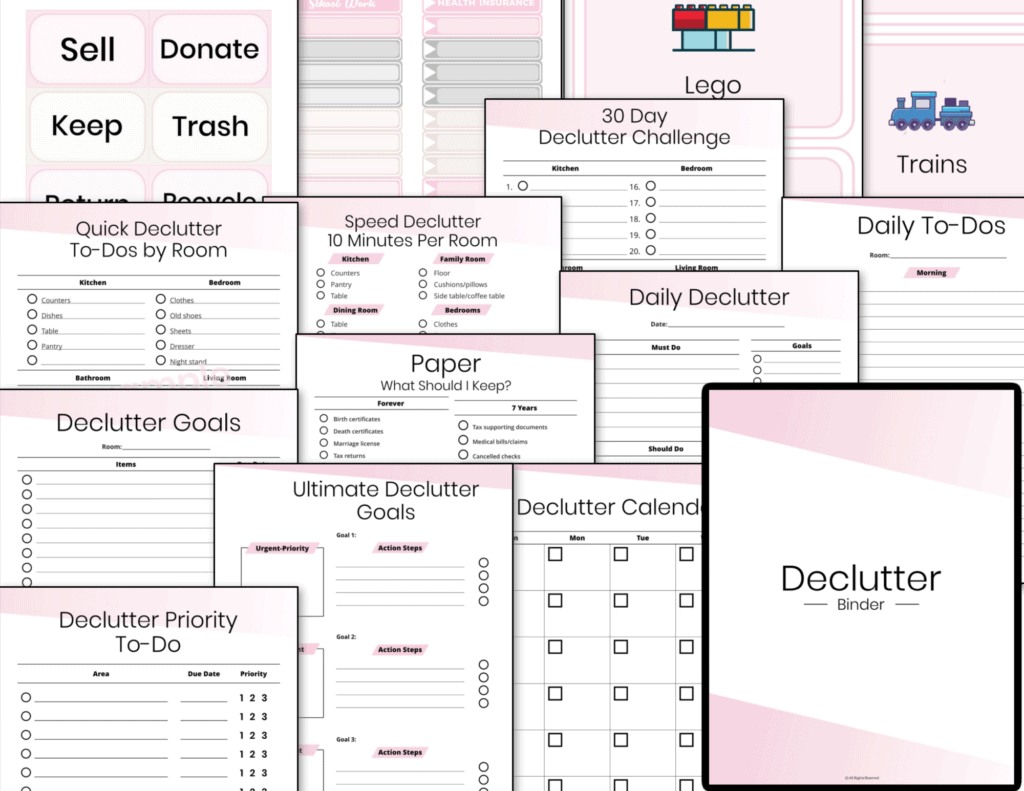 A pink and white collection of decluttering printables.