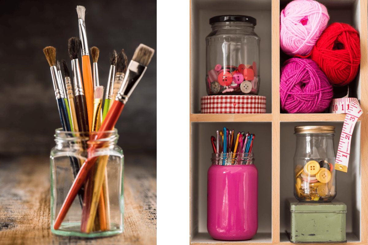 Two pictures of craft supplies in glass jars.