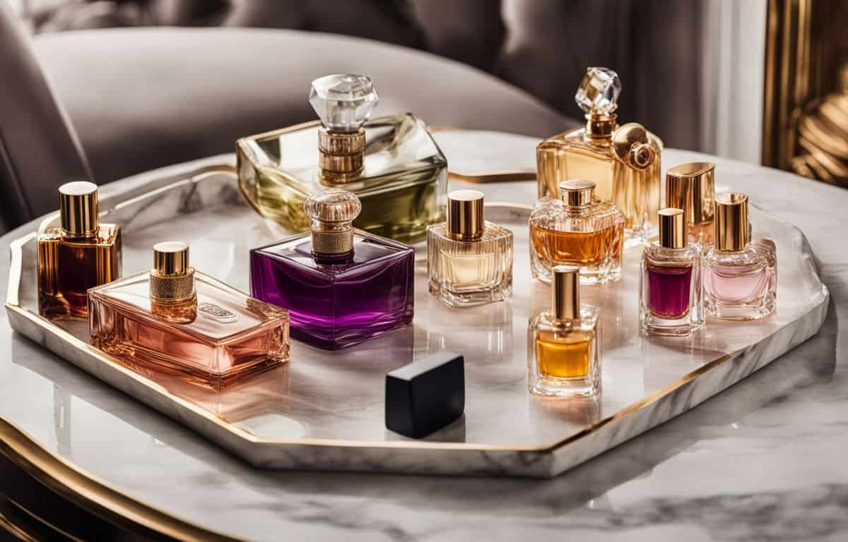 A tray of perfume bottles on a marble table.