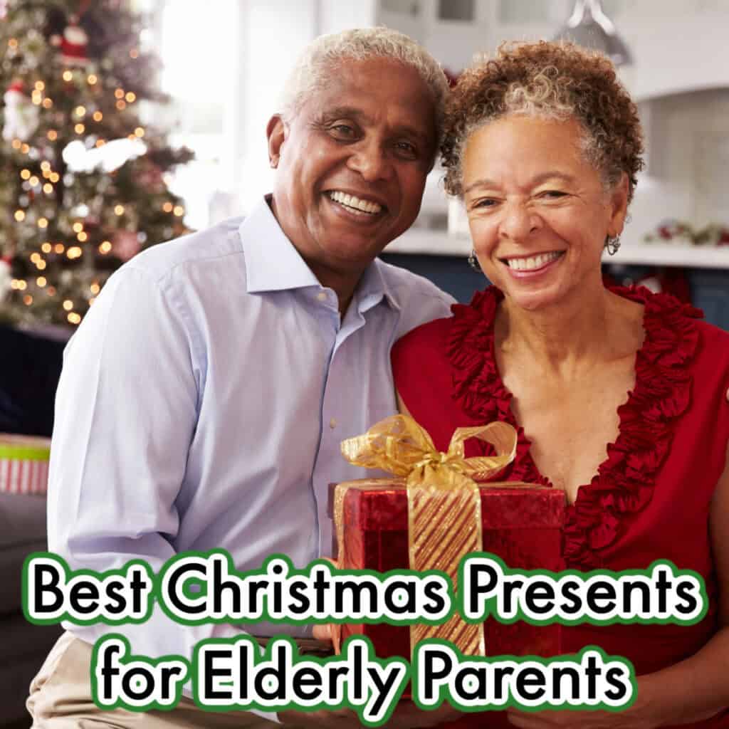 An elderly couple smiles while holding a wrapped gift. A decorated Christmas tree is in the background. Text reads: "Best Christmas Presents for Elderly Parents.