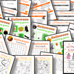 A variety of Halloween-themed activity sheets are spread out, including word searches, matching games, trivia, I Spy, and coloring pages.