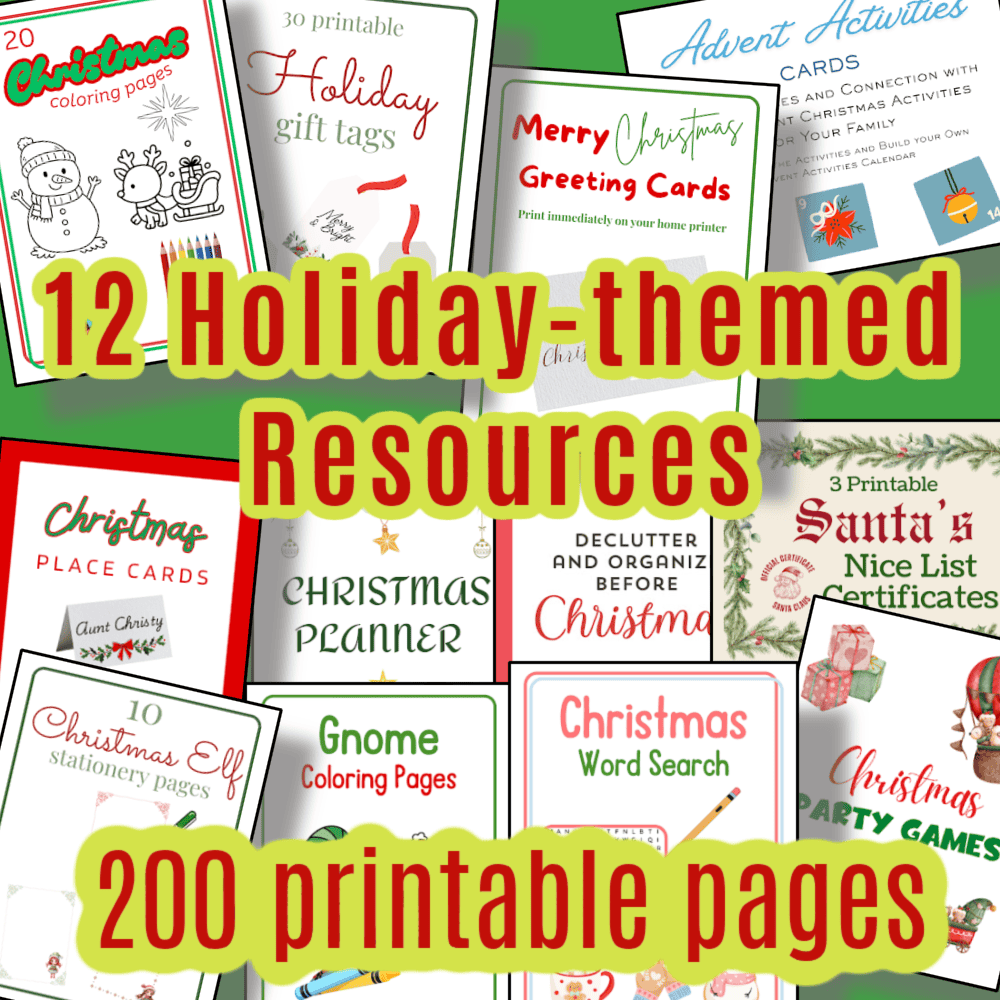 Collage of holiday-themed printable resources titled "12 Days of Christmas Gifts Bundle," featuring 12 resources and 200 pages for Christmas activities, coloring, planning, and greeting cards.