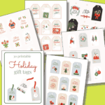 Five sheets of printable holiday gift tags with festive designs, including Santa, reindeer, ornaments, and Merry Christmas messages, displayed on a green background.